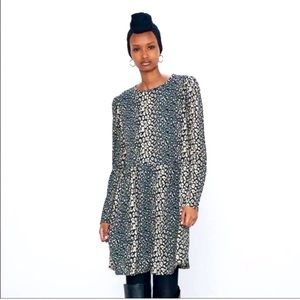 Zara Teal Green and Cream Long Sleeve Animal Print Dress
